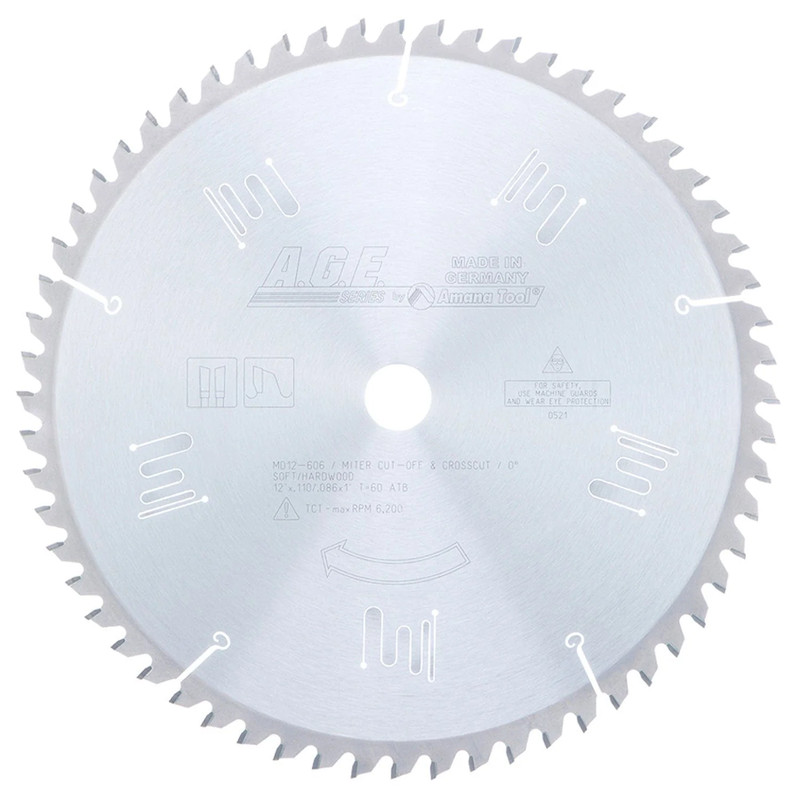 12" x 60T Carbide Tipped, Thin Kerf Finishing Cut-Off and Crosscut Blade, 0 Deg., 1" Bore, ATB